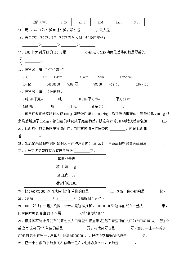 期末专项复习：人教版四年级数学下册《小数的意义和性质》填空题专项练习 (含答案)02