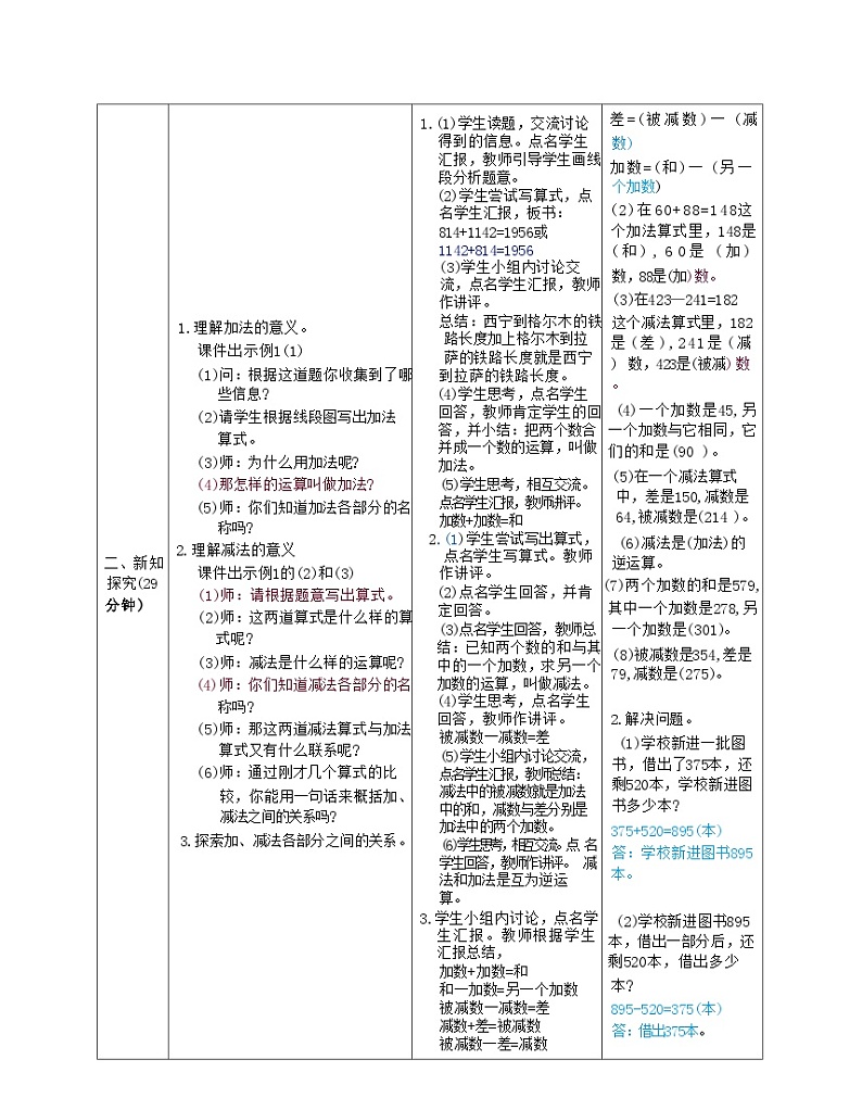 1.1 加、减法的意义和各部分间的关系（表格式教案）人教版四年级下册数学02