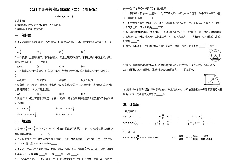 2024年小升初数学培优训练题（二）（附答案）01