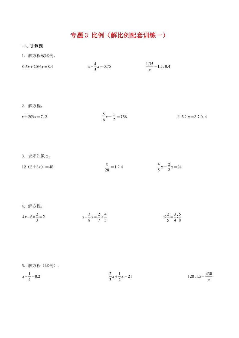 专题3 比例（解比例配套训练一）--2024年六年级下册数学计算大通关（人教版）第1页