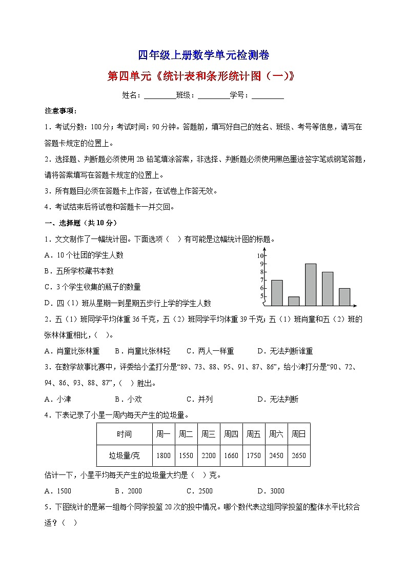 2023-2024学年苏教版四年级上册数学第四单元《统计表和条形统计图（一）》单元检测卷（含答案解析）01