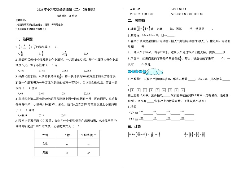2024年小升初拔尖训练题（二）（附答案）第1页
