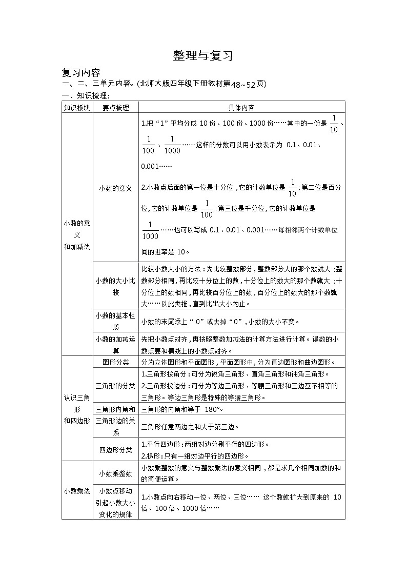 北师大版四年级数学下册整理与复习课时教案第1页