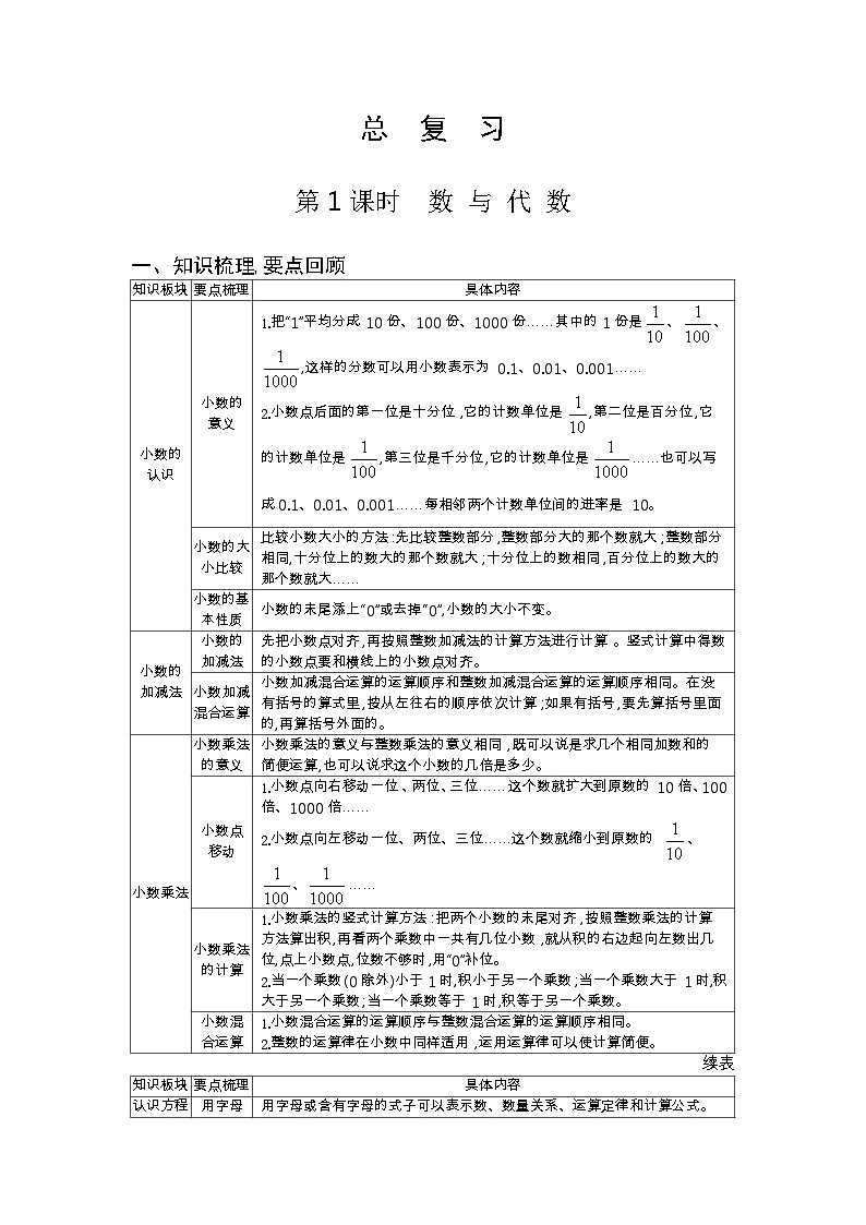北师大版四年级数学下册总复习课时教案第1页