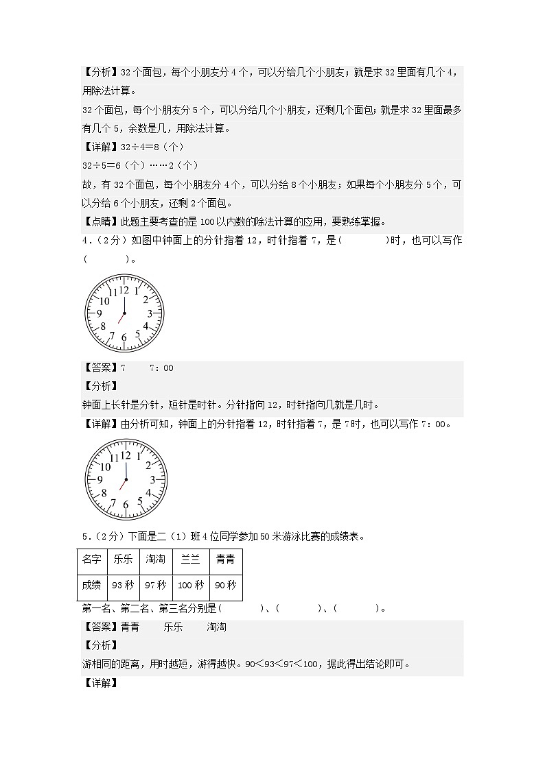 2023-2024学年（苏教版）二年级数学下册期中测试卷（基础卷02）02