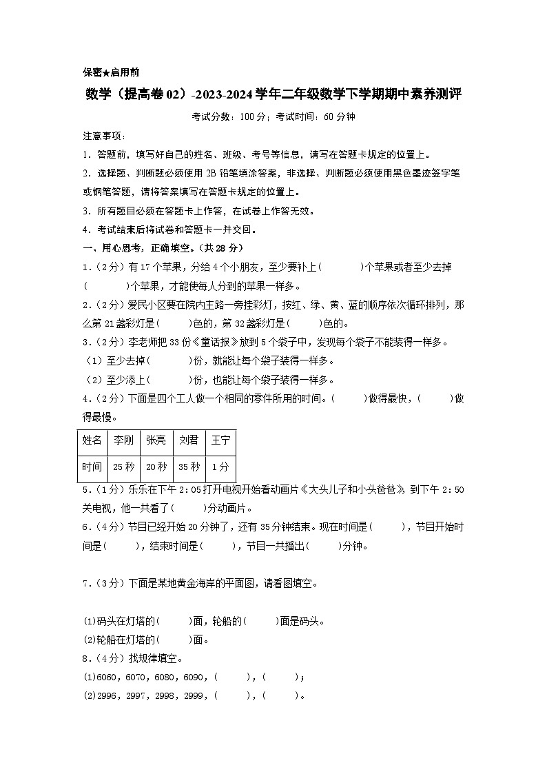 2023-2024学年（苏教版）二年级数学下册期中测试卷（提高卷02）01
