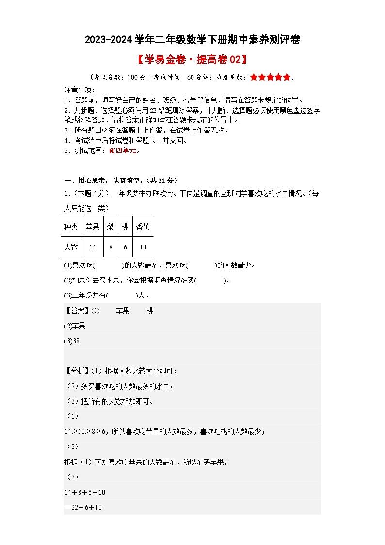 人教版数学（提高卷02）-2023-2024学年二年级下册期中测试卷.zip01