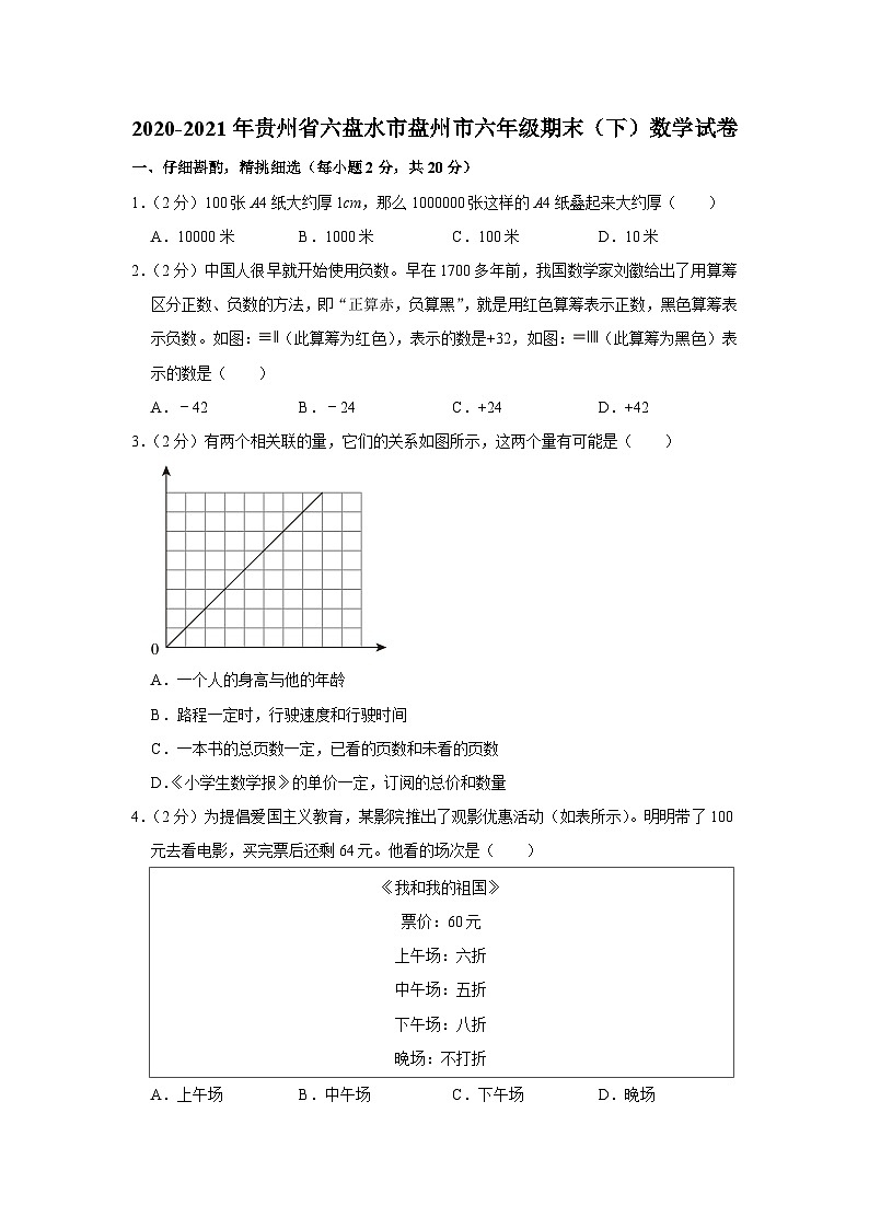 贵州省六盘水市盘州市2020-2021学年六年级下学期期末数学试卷01