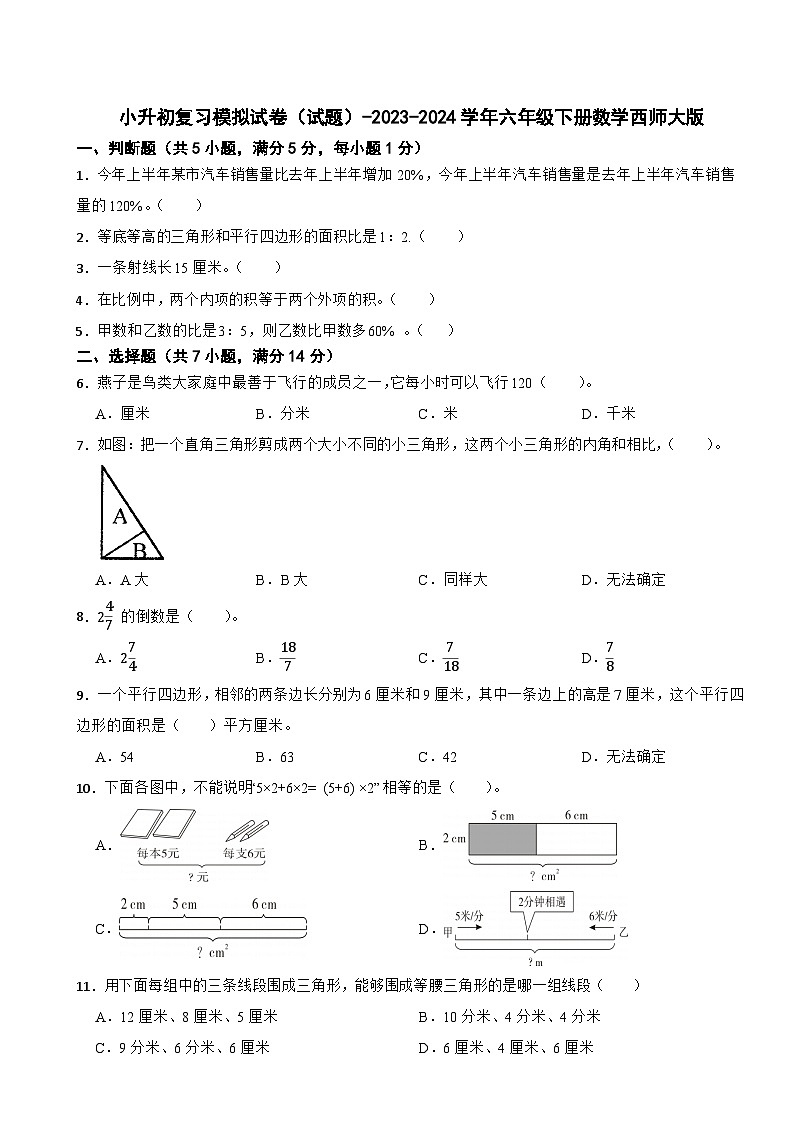小升初复习模拟试卷（试题）-2023-2024学年六年级下册数学西师大版第1页