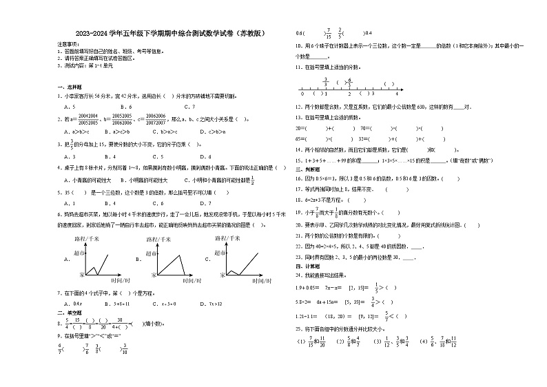 江苏省2023-2024学年五年级下学期期中高频易错综合测试数学试卷（苏教版）01