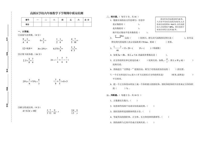 江西省九江市共青城市高新区学校2023-2024学年六年级下学期期中质量检测数学卷试第1页