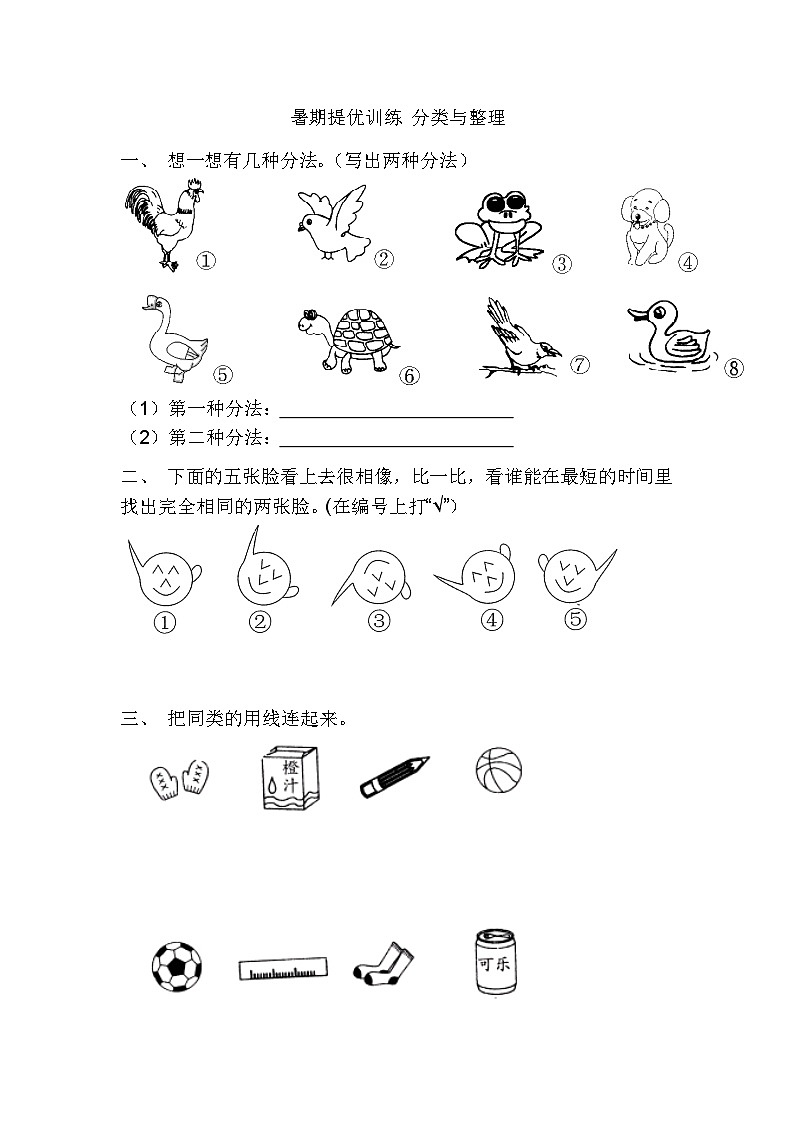 暑期提优训练—分类与整理（试题）      人教版一年级下册数学第1页