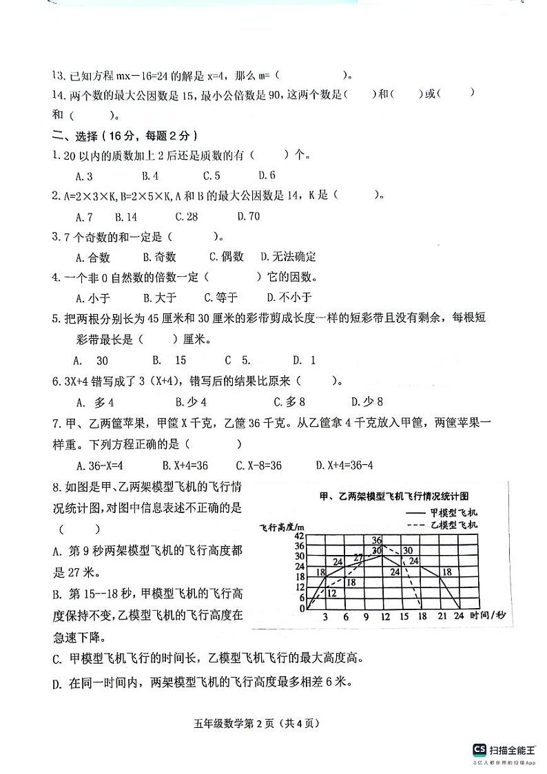 江苏省徐州市沛县2023-2024学年五年级下学期4月期中数学试题第2页