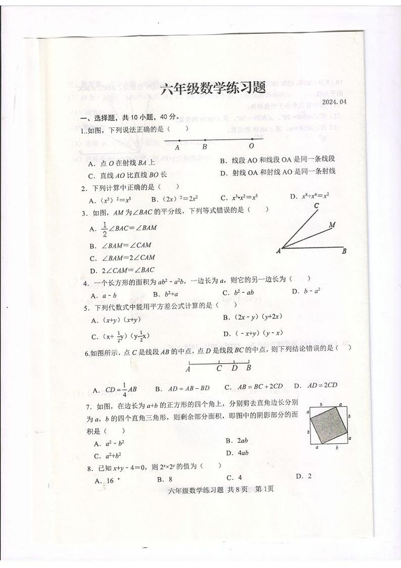 山东省泰安市岱岳区2023-—2024学年下学期六年级数学期中考试试题第1页