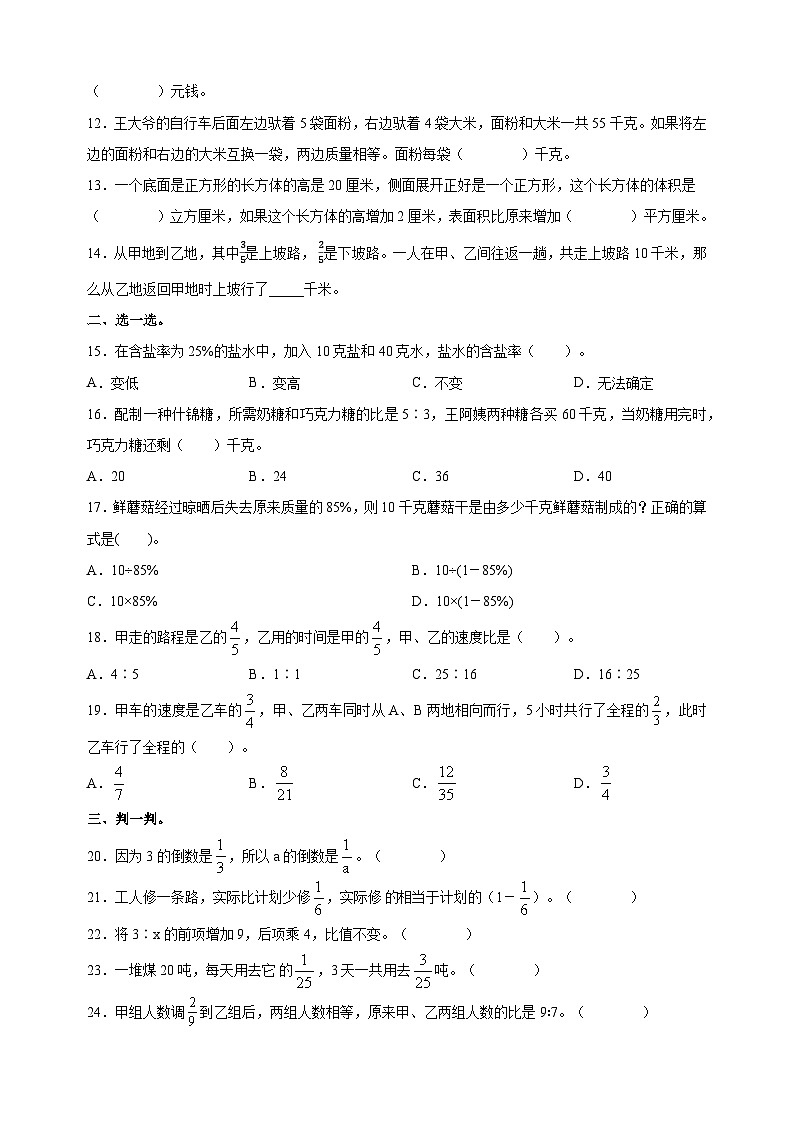 苏教版六年级上学期数学期末学情调研试卷（含答案解析）02
