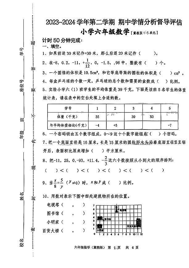 河北省唐山市玉田县2023-2024学年六年级下学期数学期中学情分析试卷第1页