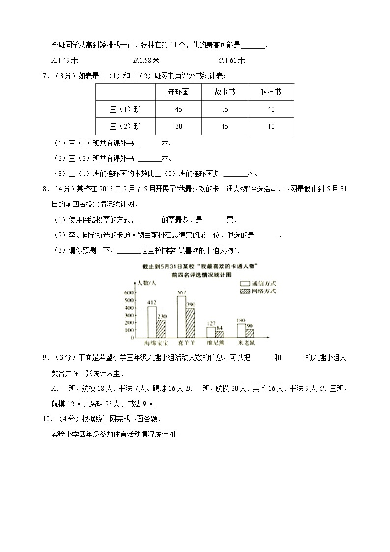 苏教版五年级上学期数学第六单元《统计表和条形统计图（二）》测试卷（含答案解析）第3页