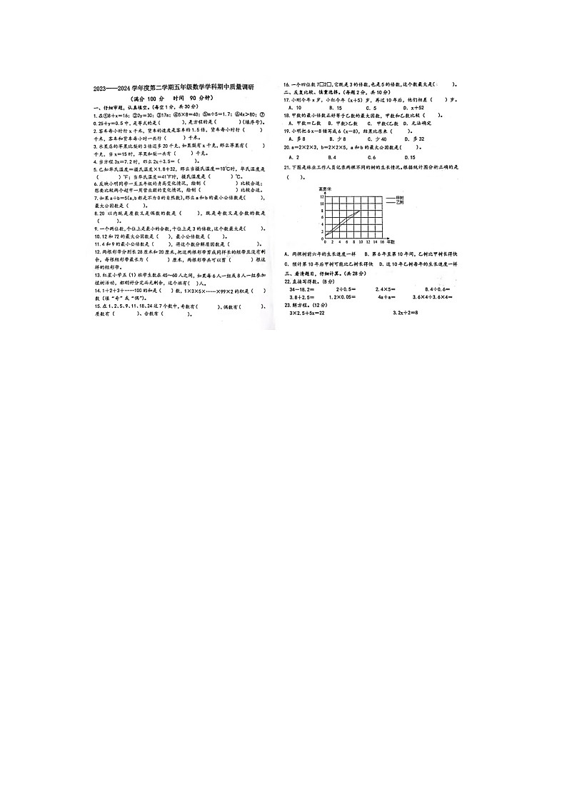 江苏省宿迁市部分学校2023-2024学年五年级下学期期中数学试题第1页