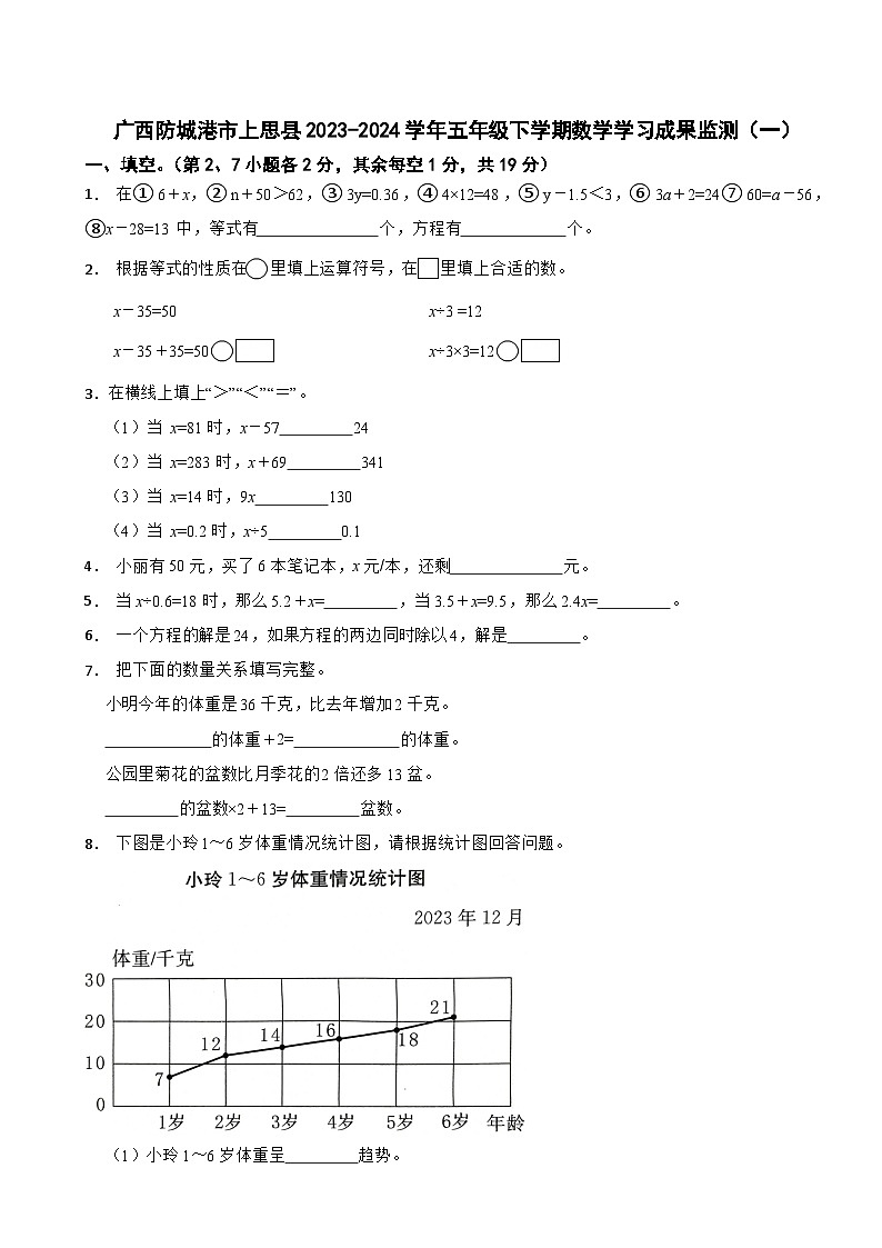 广西防城港市上思县2023-2024学年五年级下学期数学学习成果监测（一）01