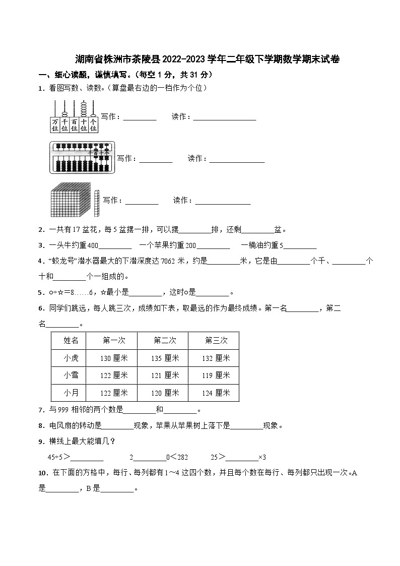 湖南省株洲市茶陵县2022-2023学年二年级下学期数学期末试卷第1页