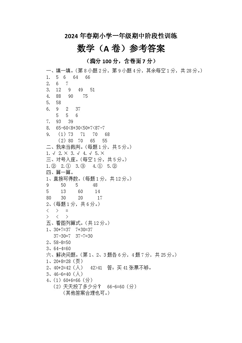 河南省南阳市镇平县2023-2024学年一年级下学期期中考试数学试卷01