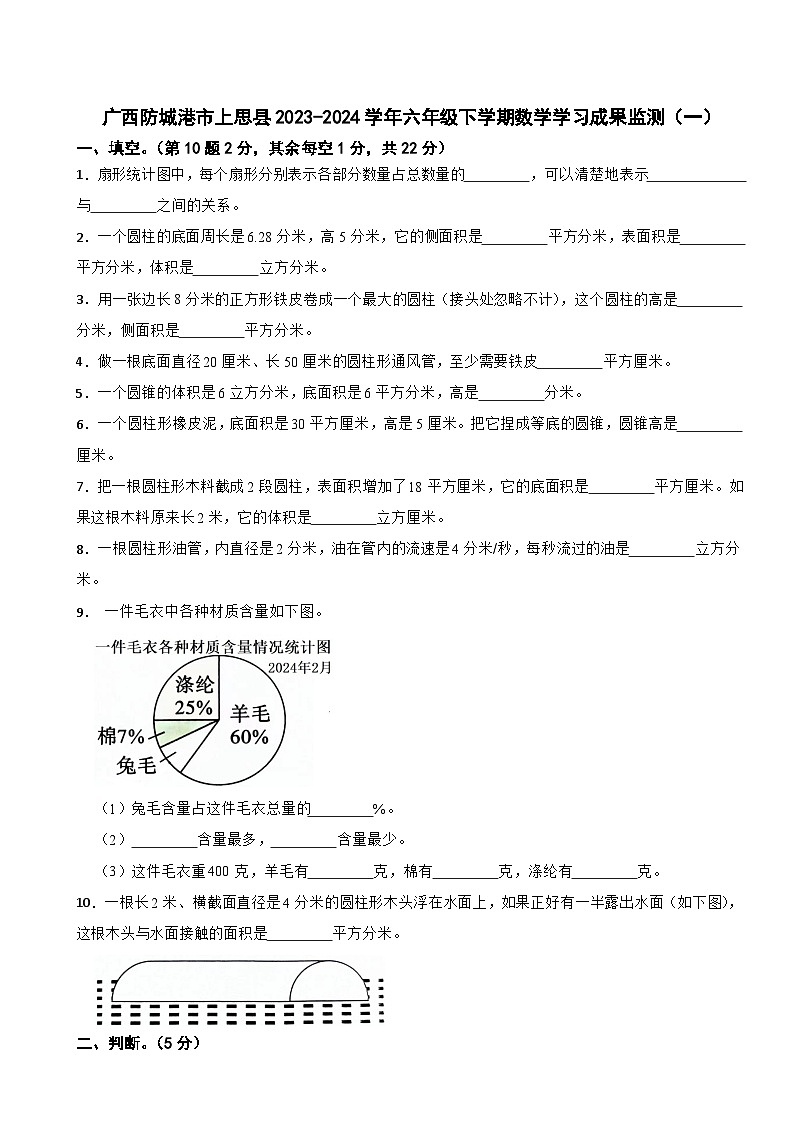 广西防城港市上思县2023-2024学年六年级下学期数学学习成果监测（一）第1页