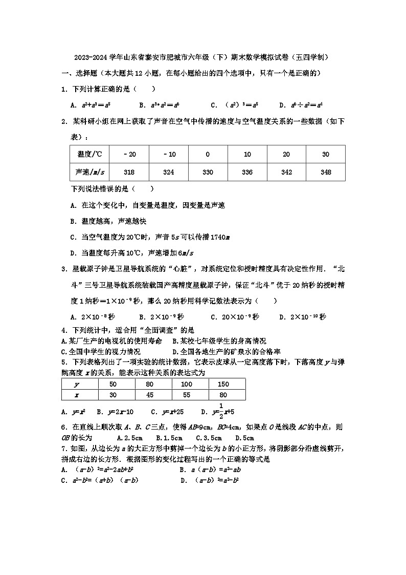 山东省泰安市肥城市2023-2024学年下学期六年级期末数学模拟试卷（五四学制）01