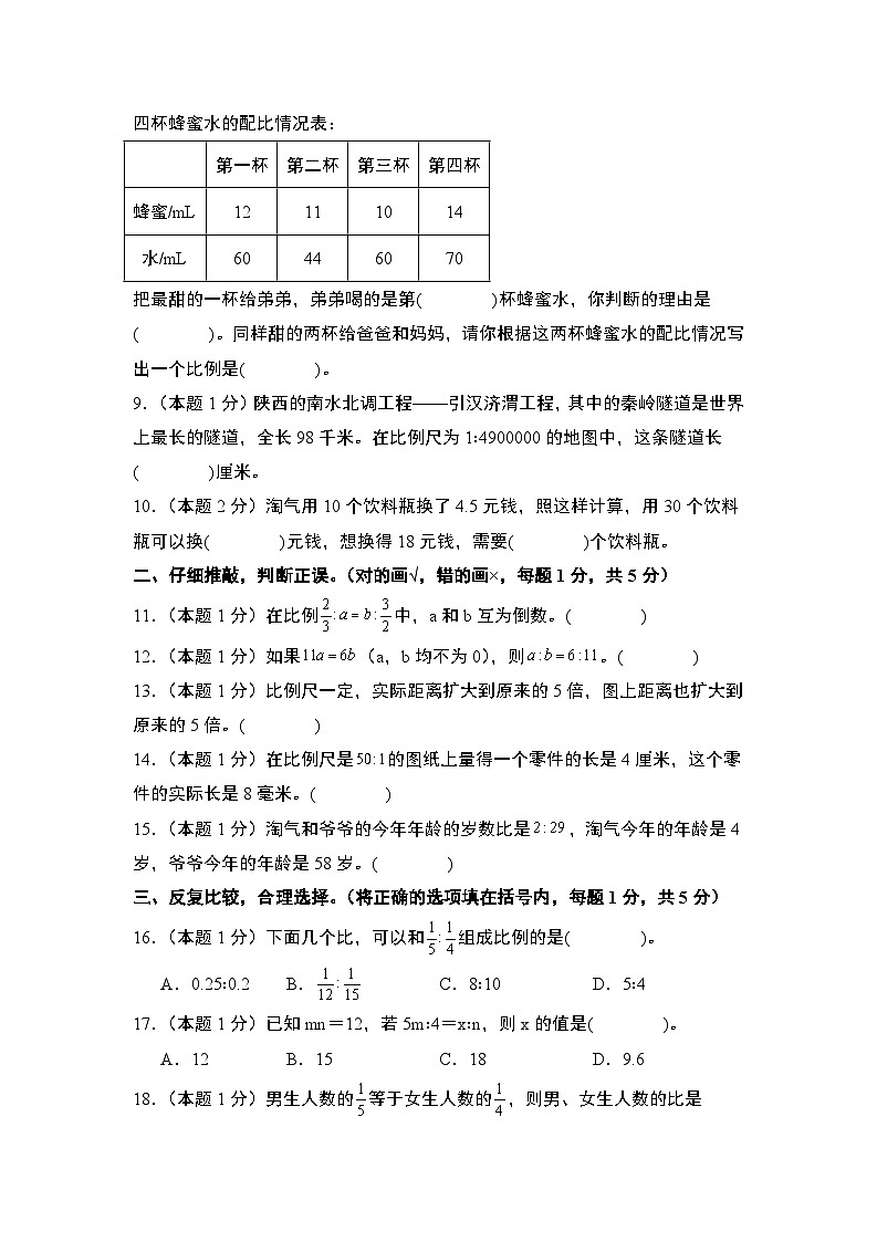 2023-2024学年六年级数学下册典型例题系列-第四单元比例检测卷(A卷·基础卷)-苏教版-(原卷版)第2页