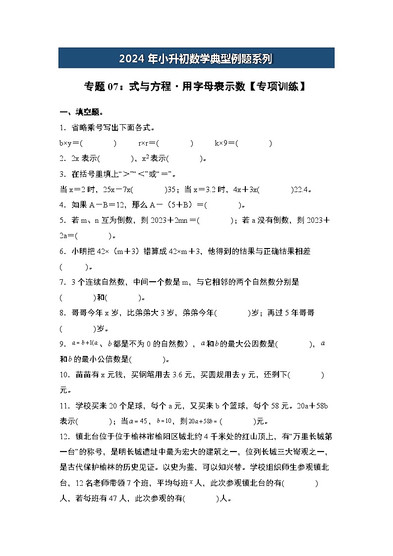 2024年小升初数学典型例题系列-专题07：式与方程·用字母表示数专项训练-(原卷版)第1页