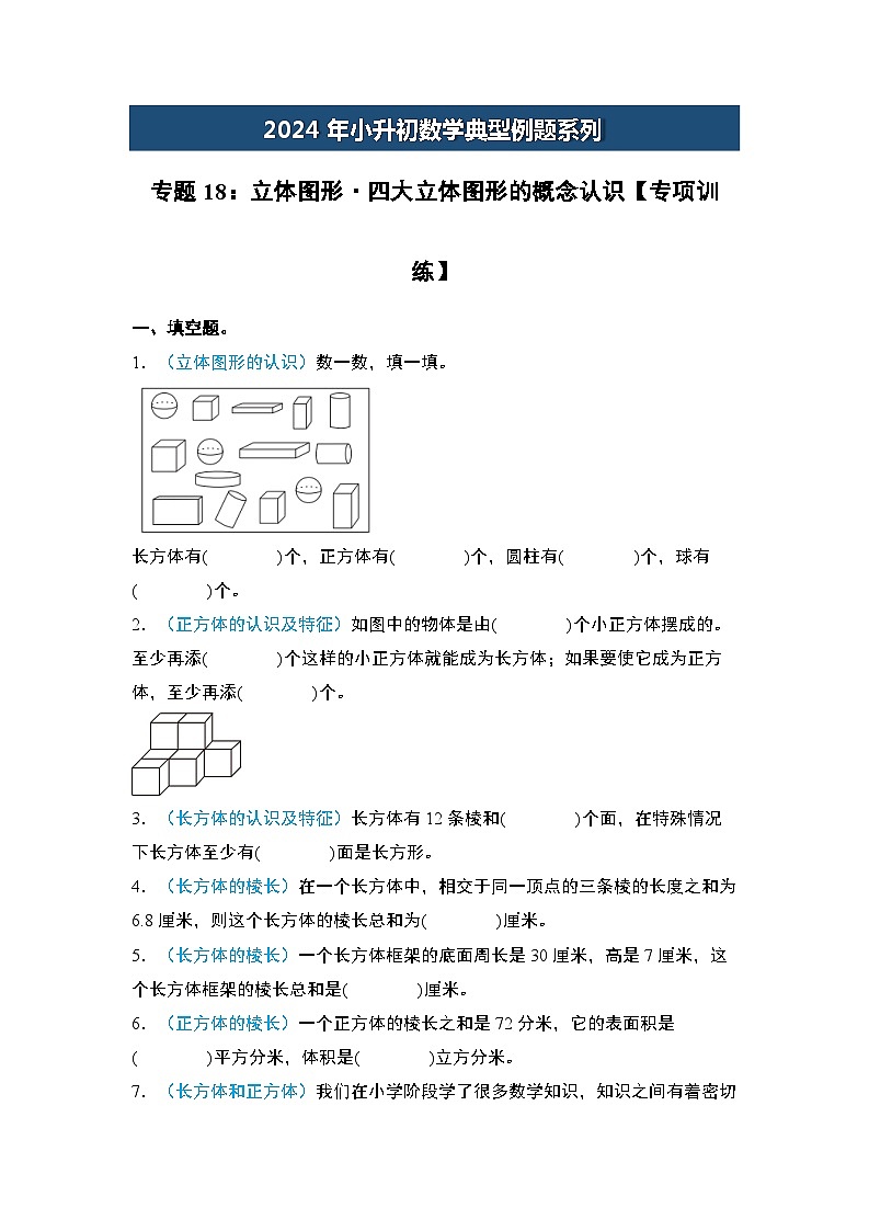 2024年小升初数学典型例题系列-专题18：立体图形·四大立体图形的概念认识专项训练-(原卷版)第1页