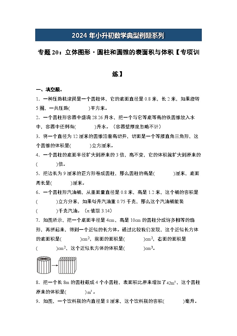 2024年小升初数学典型例题系列-专题20：立体图形·圆柱和圆锥的表面积与体积专项训练-(原卷版)第1页