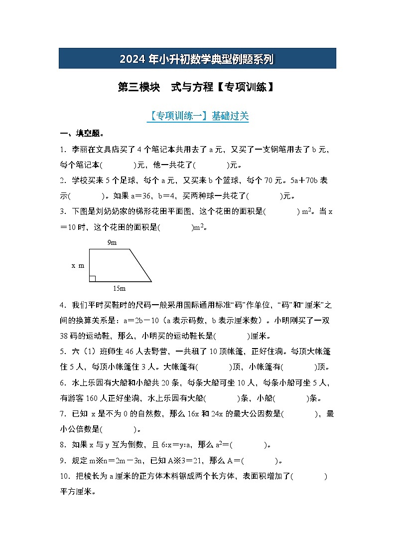 第三模块  式与方程【专项训练】-2024年小升初数学典型例题系列(原卷版)第1页