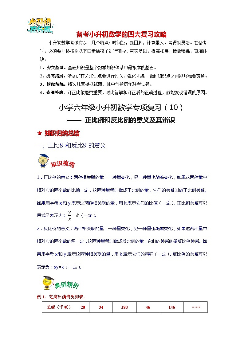 第10讲 正比例和反比例的意义及其辨识-【专项复习】最新六年级数学下册小升初专项复习（通用版）第1页