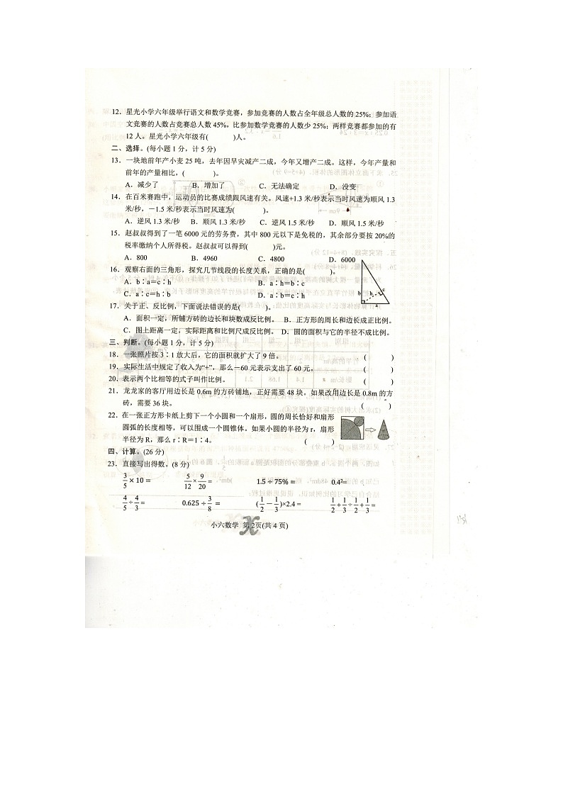 河南省南阳市内乡县2023-2024学年六年级下学期期中数学试卷02