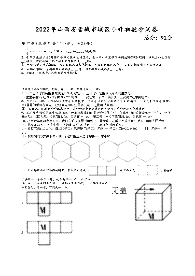 2022年六年级数学北师大版小升初试卷第1页