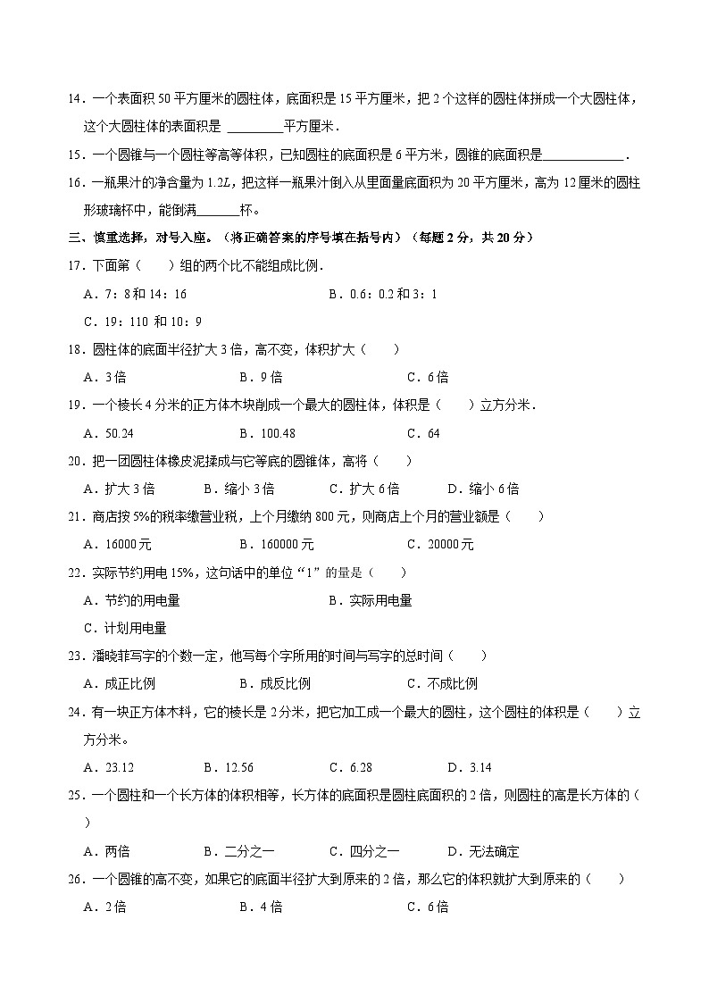 2023-2024学年福建省莆田市城厢区霞林学校六年级（下）期中数学试卷02