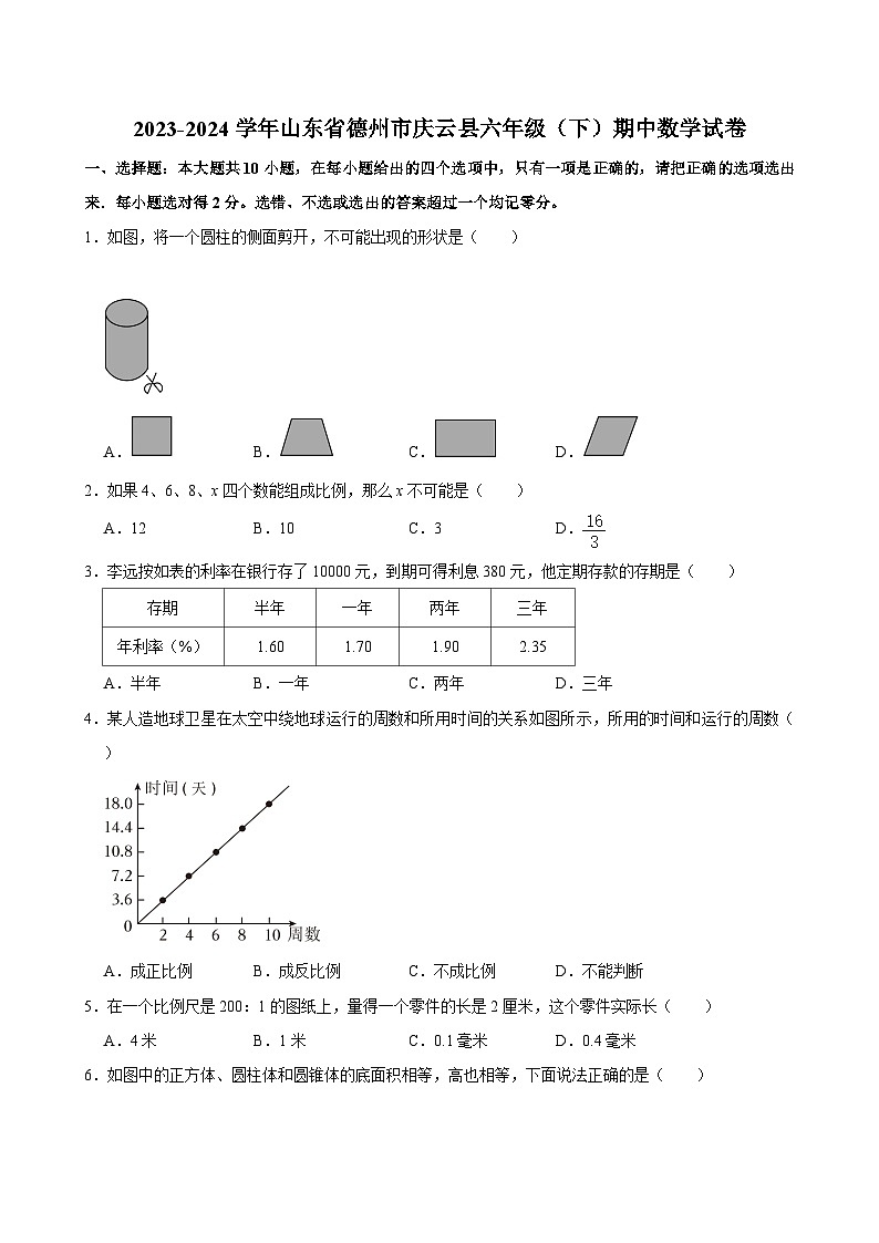 2023-2024学年山东省德州市庆云县六年级（下）期中数学试卷01