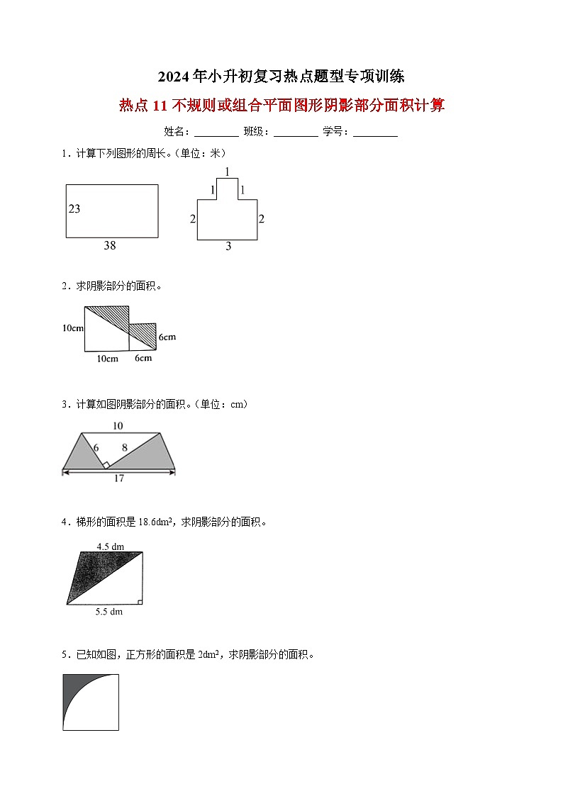 热点11 不规则或组合平面图形阴影部分面积计算-2024年小升初数学复习热点题型专项训练（通用版）第1页