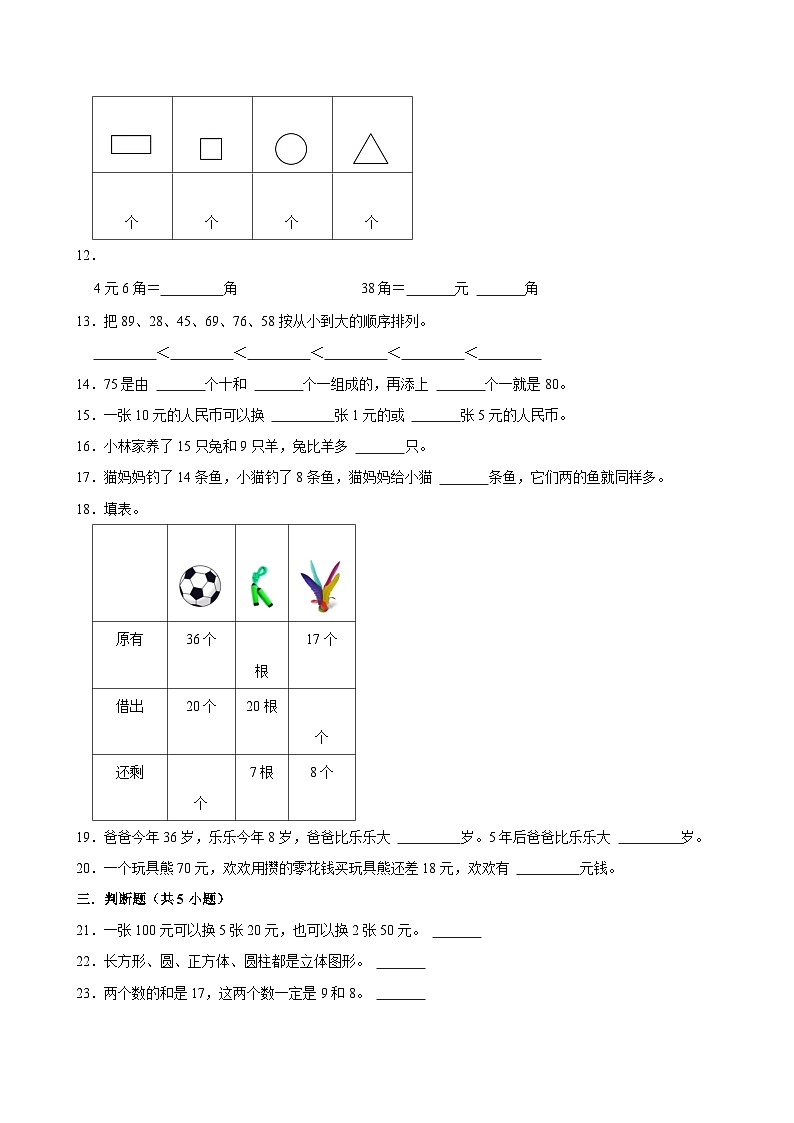 期末复习试题（试题）-2023-2024学年一年级下册数学苏教版02