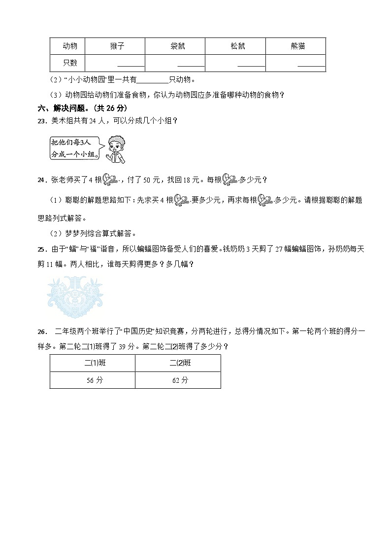 河南省驻马店市汝南县2023-2024学年二年级下学期数学4月期中试卷03