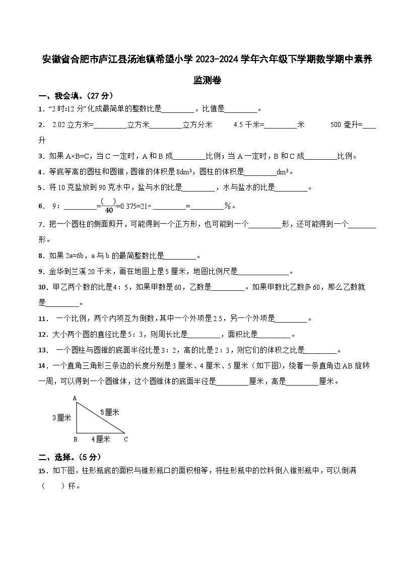 安徽省合肥市庐江县汤池镇希望小学2023-2024学年六年级下学期数学期中素养监测卷第1页