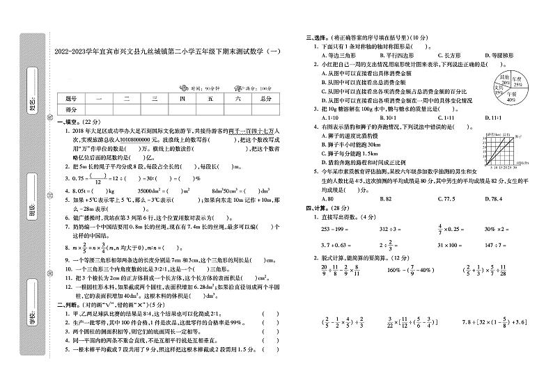 14，四川省宜宾市兴文县九丝城镇第二小学2022-2023学年五年级下学期期末测试数学试题（一）第1页