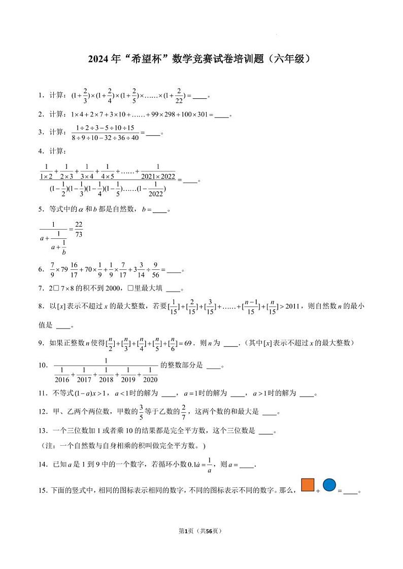 2024年“希望杯”数学竞赛六年级培训题01
