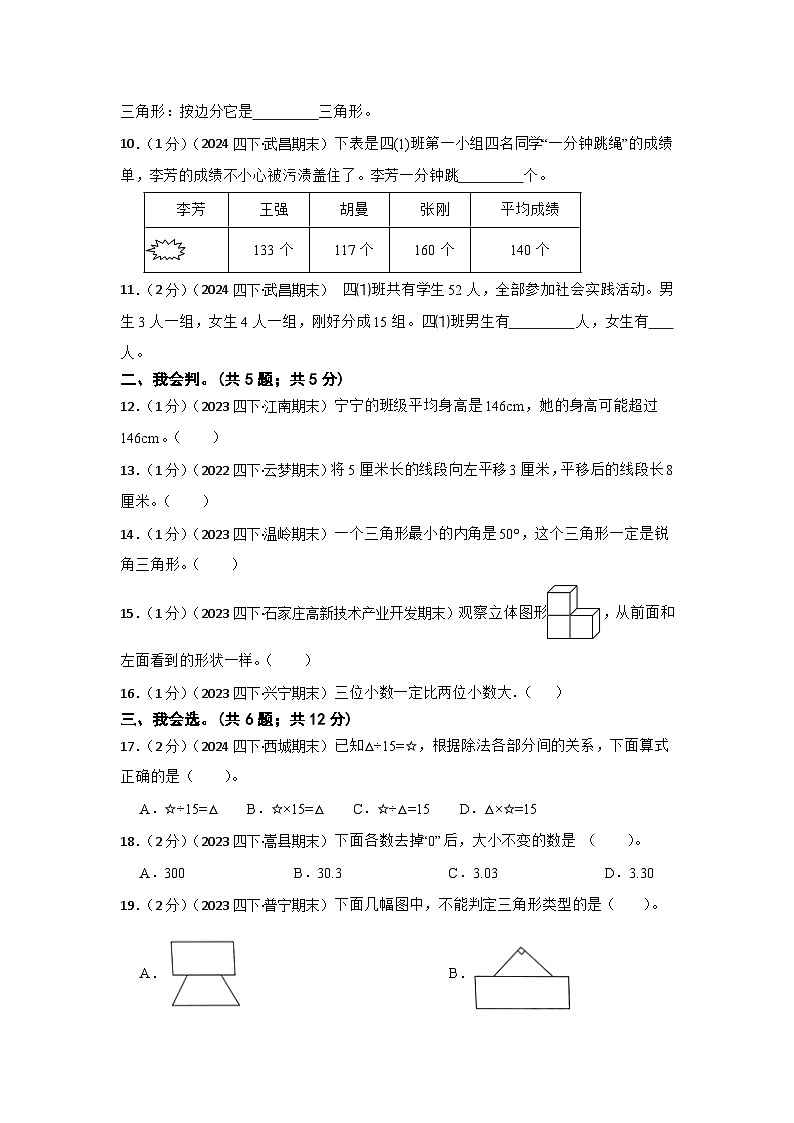 【期末押题卷】2023-2024学年人教版小学四年级第二学期期末真题模拟考试数学试卷02
