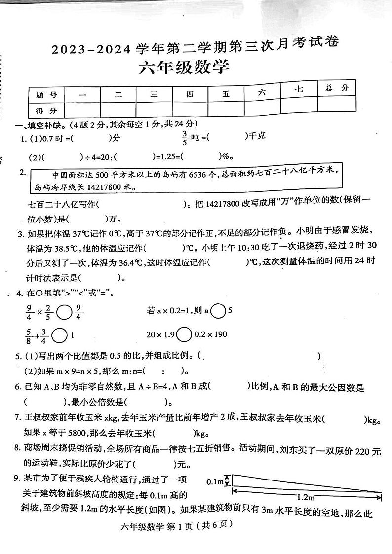 河南省周口市2023-2024学年l六年级下学期第三次月考数学试题01
