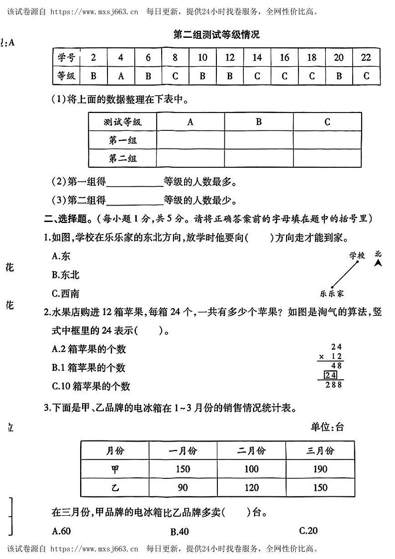 陕西省渭南市富平县多校联考2023-2024学年三年级下学期期中考试数学试题02