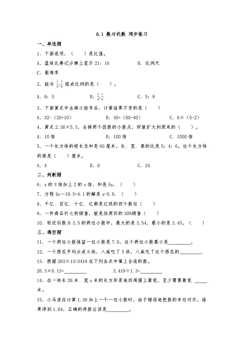人教版六年级下册数学6.1 数与代数 （同步练习）01