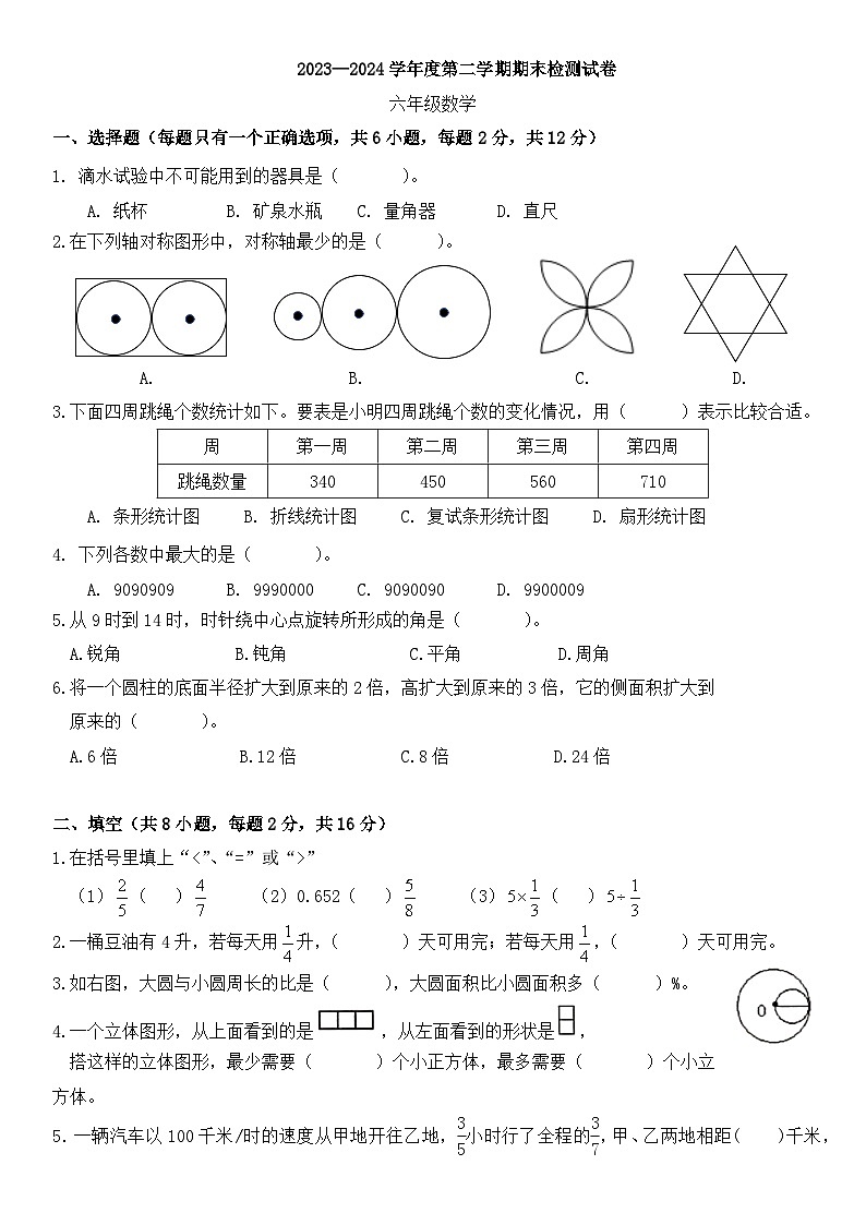 人教版六年级下册数学 期末模拟试卷（试题）第1页