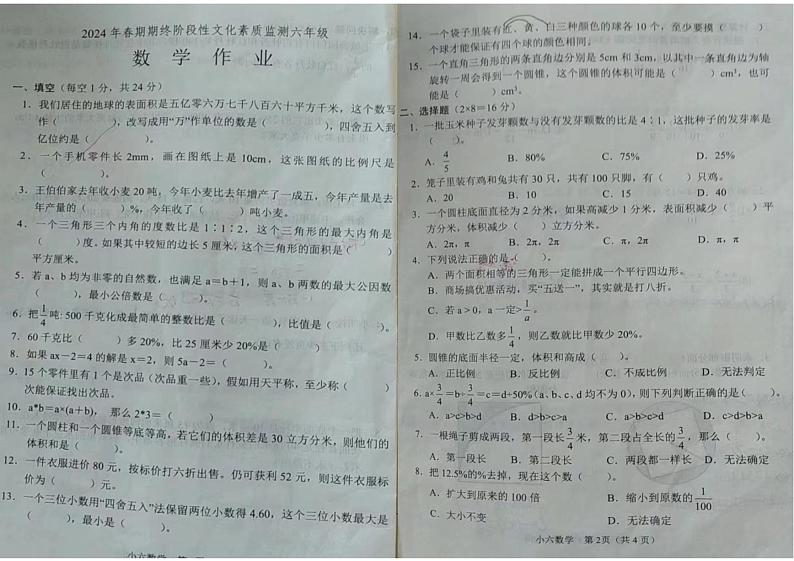 河南省郑州市2023-22024学年六年级上学期期末检测数学试题01