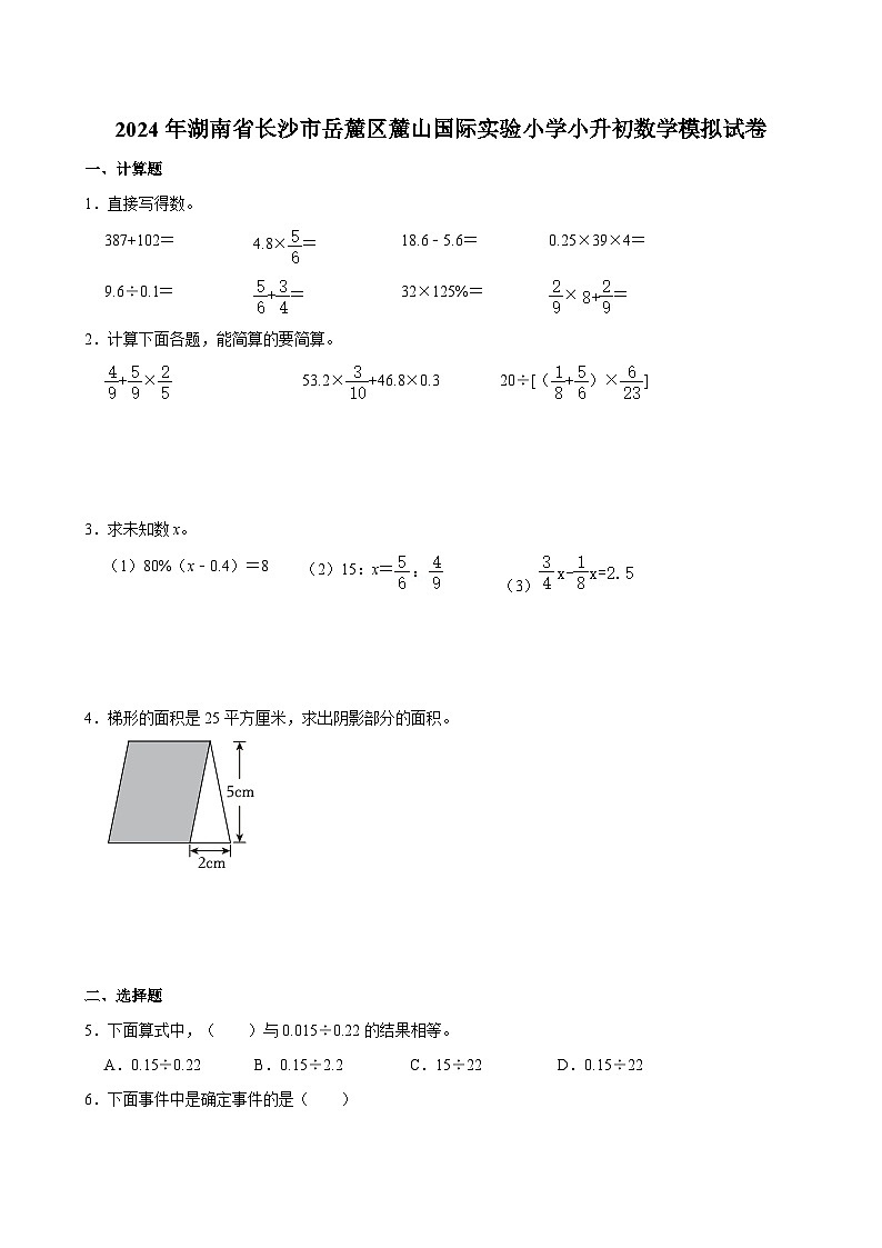 2024年湖南省长沙市岳麓区麓山国际实验小学小升初数学模拟试卷(1)第1页